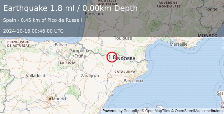 Earthquake PYRENEES (1.8 ml) (2024-10-16 00:46:00 UTC)