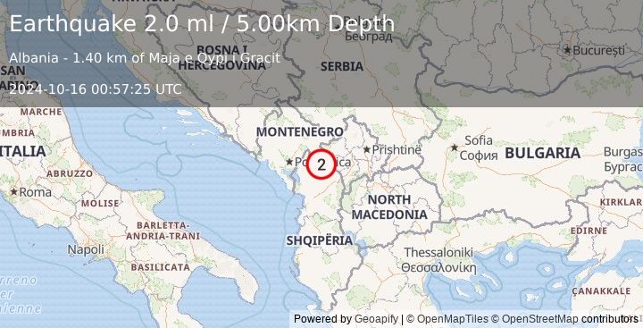 Earthquake ALBANIA (2.0 ml) (2024-10-16 00:57:25 UTC)