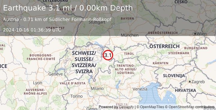 Earthquake AUSTRIA (3.1 ml) (2024-10-16 01:36:39 UTC)