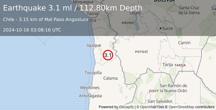 Earthquake TARAPACA, CHILE (3.1 ml) (2024-10-16 03:08:16 UTC)