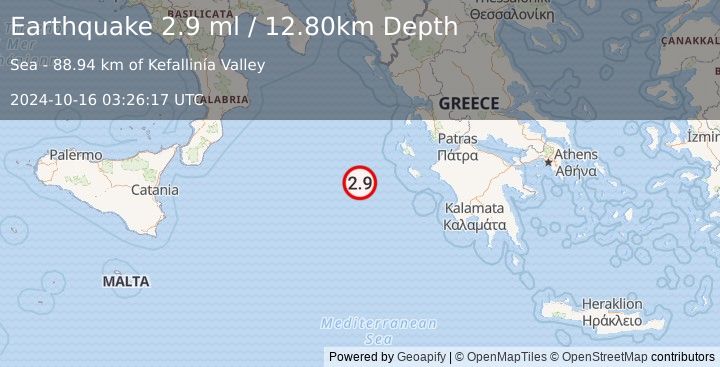 Earthquake IONIAN SEA (2.9 ml) (2024-10-16 03:26:17 UTC)