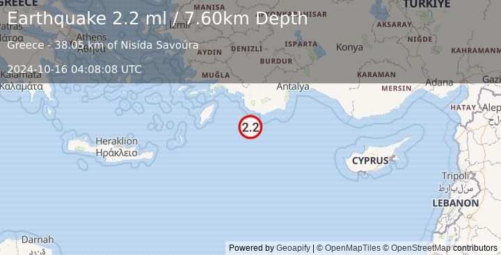 Earthquake EASTERN MEDITERRANEAN SEA (2.2 ml) (2024-10-16 04:08:08 UTC)