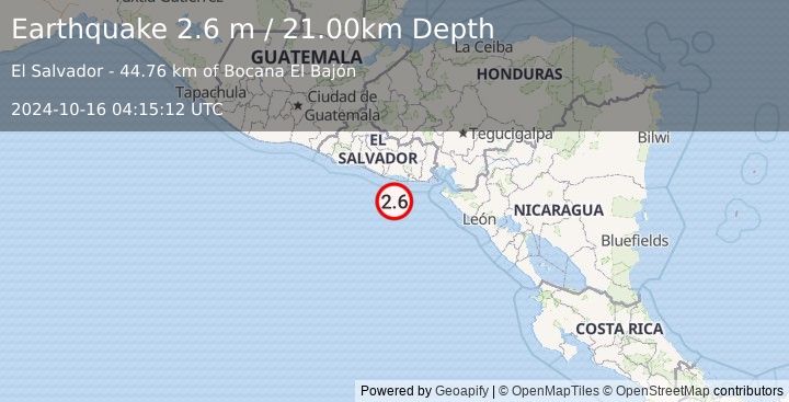 Earthquake OFFSHORE EL SALVADOR (2.6 m) (2024-10-16 04:15:12 UTC)