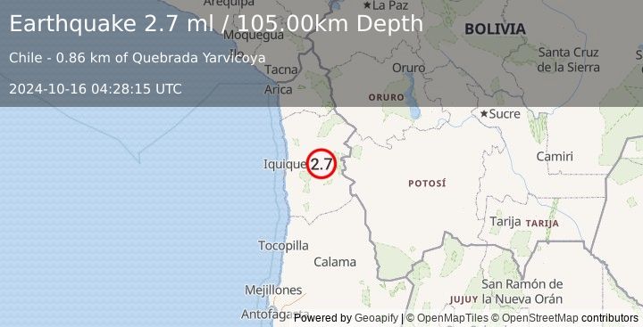 Earthquake TARAPACA, CHILE (2.7 ml) (2024-10-16 04:28:15 UTC)