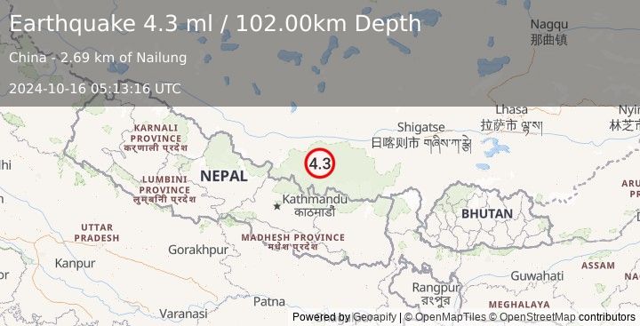 Earthquake WESTERN XIZANG (4.3 ml) (2024-10-16 05:13:16 UTC)