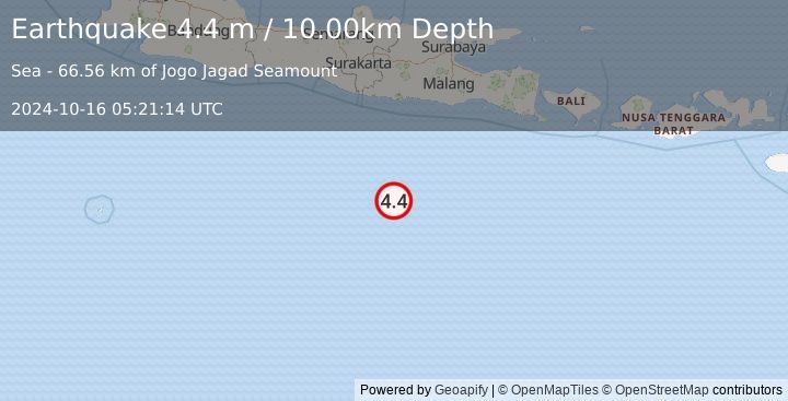 Earthquake SOUTH OF JAVA, INDONESIA (4.4 m) (2024-10-16 05:21:14 UTC)