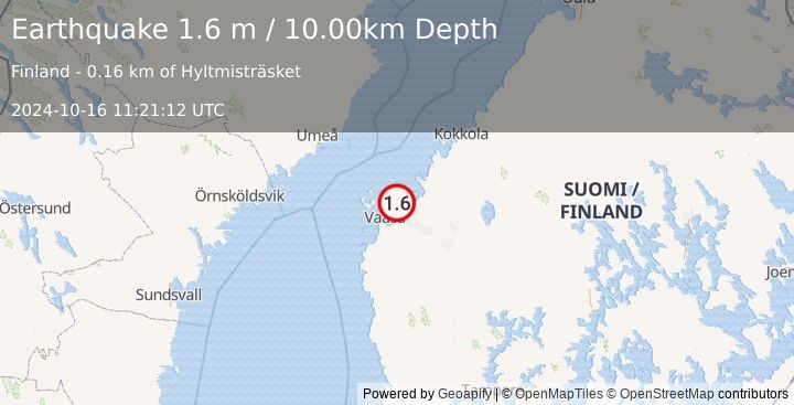 Earthquake FINLAND (1.6 m) (2024-10-16 11:21:12 UTC)