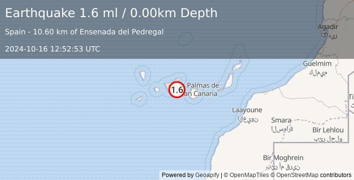 Earthquake CANARY ISLANDS, SPAIN REGION (1.6 ml) (2024-10-16 12:52:53 UTC)