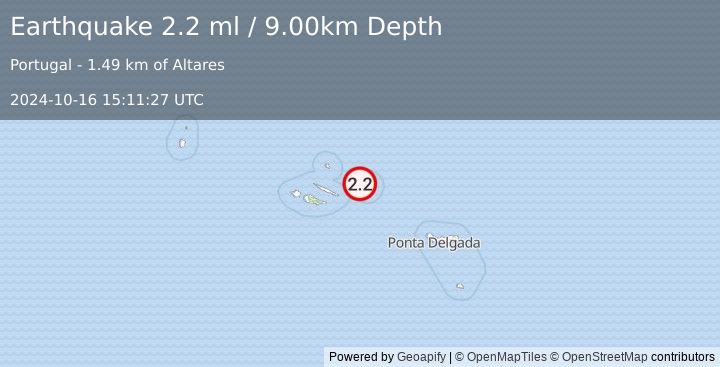 Earthquake AZORES ISLANDS, PORTUGAL (2.2 ml) (2024-10-16 15:11:27 UTC)