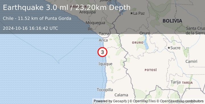 Earthquake OFFSHORE TARAPACA, CHILE (3.0 ml) (2024-10-16 16:16:42 UTC)