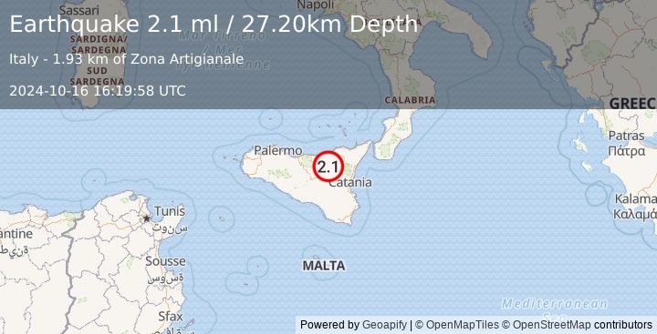 Earthquake SICILY, ITALY (2.1 ml) (2024-10-16 16:19:58 UTC)