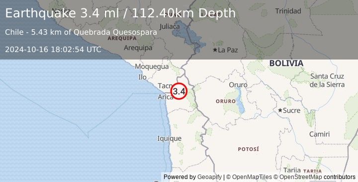 Earthquake TARAPACA, CHILE (3.4 ml) (2024-10-16 18:02:54 UTC)