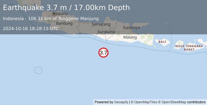 Earthquake SOUTH OF JAVA, INDONESIA (3.7 m) (2024-10-16 18:28:15 UTC)