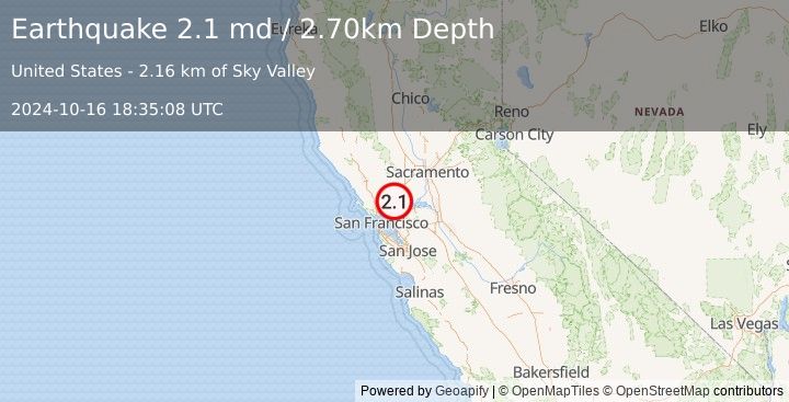 Earthquake SAN FRANCISCO BAY AREA, CALIF. (2.1 md) (2024-10-16 18:35:08 UTC)