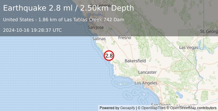 Earthquake CENTRAL CALIFORNIA (2.8 ml) (2024-10-16 19:28:37 UTC)