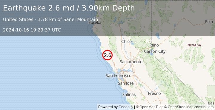 Earthquake NORTHERN CALIFORNIA (2.6 md) (2024-10-16 19:29:37 UTC)