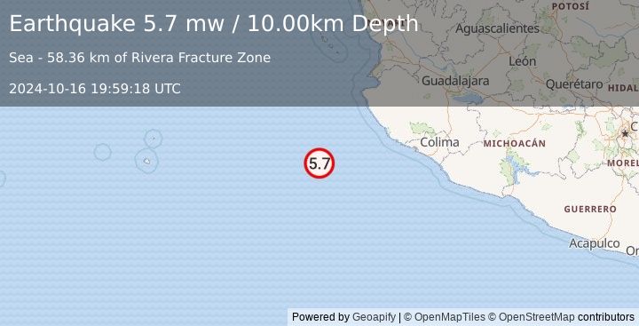 Earthquake OFF COAST OF JALISCO, MEXICO (5.7 mw) (2024-10-16 19:59:18 UTC)