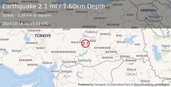 Earthquake EASTERN TURKEY (2.1 ml) (2024-10-16 20:33:23 UTC)