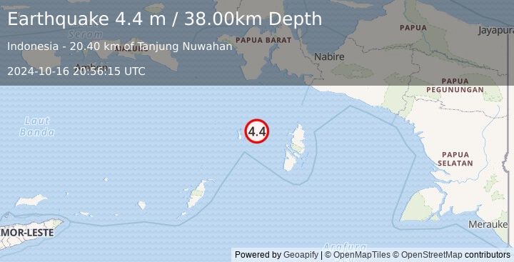 Earthquake KEPULAUAN KAI, INDONESIA (4.4 m) (2024-10-16 20:56:15 UTC)