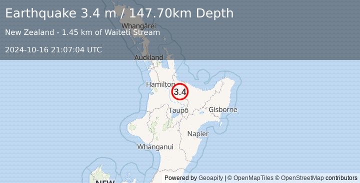 Earthquake NORTH ISLAND OF NEW ZEALAND (3.4 m) (2024-10-16 21:07:04 UTC)