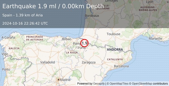 Earthquake PYRENEES (1.9 ml) (2024-10-16 22:26:42 UTC)