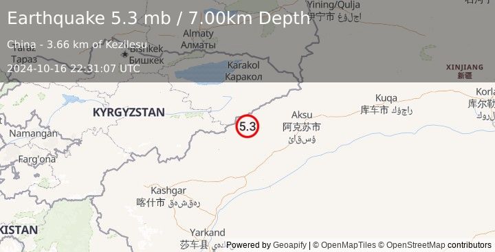 Earthquake SOUTHERN XINJIANG, CHINA (5.3 mb) (2024-10-16 22:31:07 UTC)