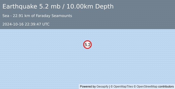 Earthquake NORTHERN MID-ATLANTIC RIDGE (5.2 mb) (2024-10-16 22:39:47 UTC)