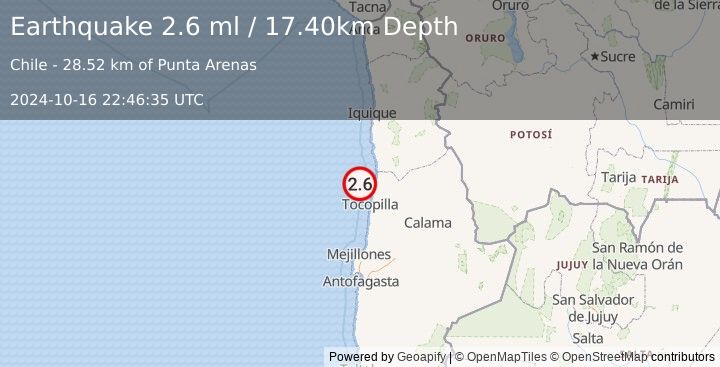 Earthquake OFFSHORE ANTOFAGASTA, CHILE (2.6 ml) (2024-10-16 22:46:35 UTC)