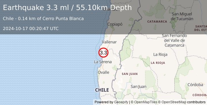 Earthquake COQUIMBO, CHILE (3.3 ml) (2024-10-17 00:20:47 UTC)