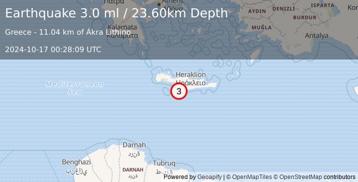 Earthquake CRETE, GREECE (3.0 ml) (2024-10-17 00:28:09 UTC)