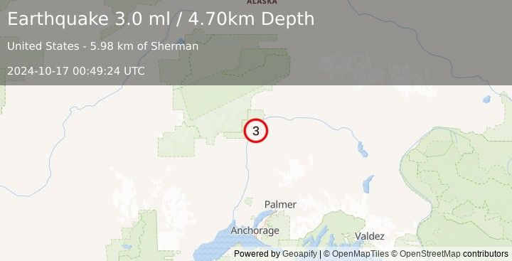 Earthquake CENTRAL ALASKA (3.0 ml) (2024-10-17 00:49:24 UTC)