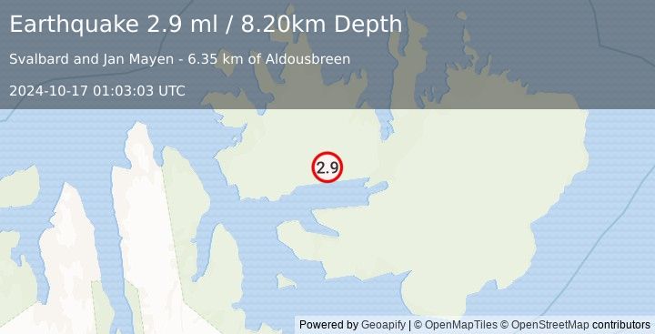 Earthquake SVALBARD REGION (2.9 ml) (2024-10-17 01:03:03 UTC)