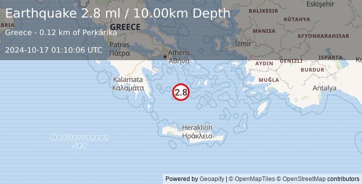 Earthquake SOUTHERN GREECE (2.8 ml) (2024-10-17 01:10:06 UTC)