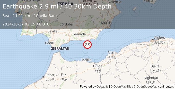 Earthquake STRAIT OF GIBRALTAR (2.9 ml) (2024-10-17 02:15:46 UTC)