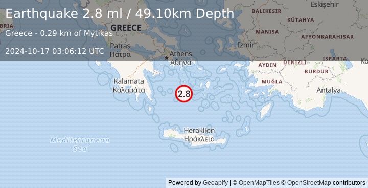 Earthquake SOUTHERN GREECE (2.8 ml) (2024-10-17 03:06:12 UTC)