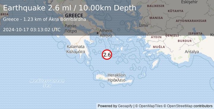 Earthquake SOUTHERN GREECE (2.6 ml) (2024-10-17 03:13:02 UTC)