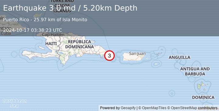 Earthquake MONA PASSAGE, DOMINICAN REPUBLIC (3.0 md) (2024-10-17 03:38:23 UTC)