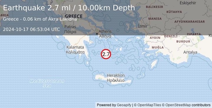 Earthquake SOUTHERN GREECE (2.7 ml) (2024-10-17 06:53:04 UTC)