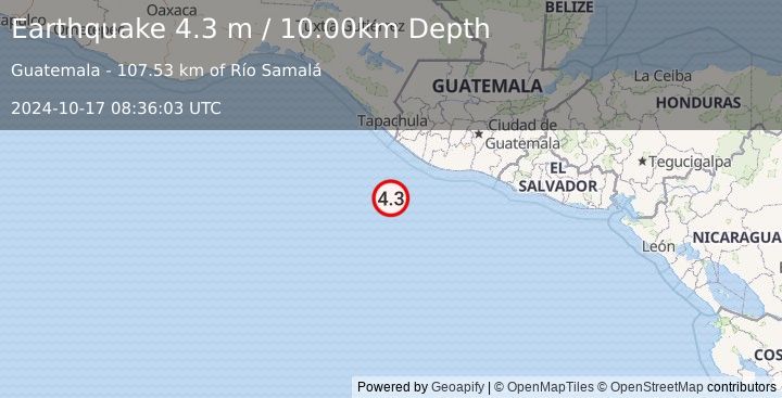 Earthquake OFF THE COAST OF GUATEMALA (4.3 m) (2024-10-17 08:36:03 UTC)