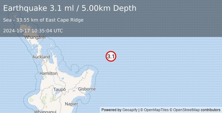 Earthquake OFF E. COAST OF N. ISLAND, N.Z. (3.1 ml) (2024-10-17 10:35:04 UTC)