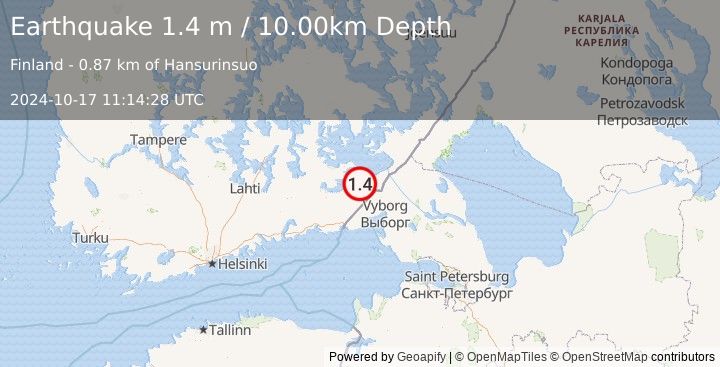 Earthquake FINLAND-RUSSIA BORDER REGION (1.4 m) (2024-10-17 11:14:28 UTC)