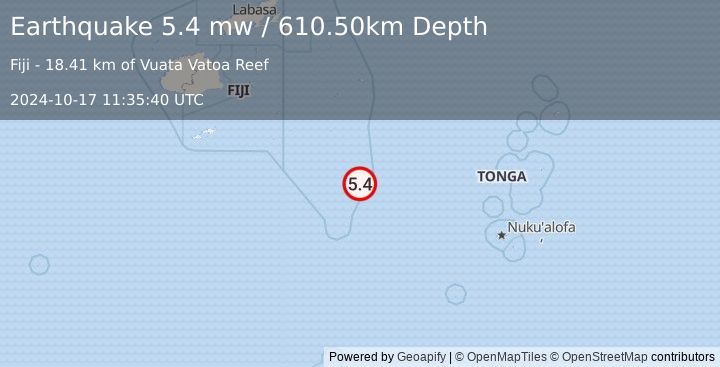 Earthquake FIJI REGION (5.4 mw) (2024-10-17 11:35:40 UTC)