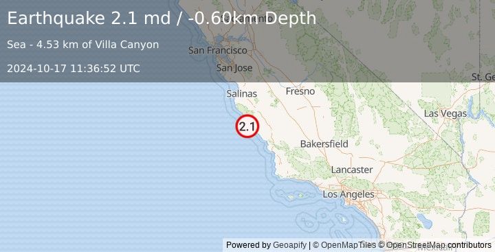 Earthquake OFFSHORE CENTRAL CALIFORNIA (2.1 md) (2024-10-17 11:36:52 UTC)