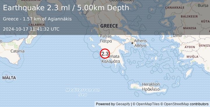 Earthquake SOUTHERN GREECE (2.3 ml) (2024-10-17 11:41:32 UTC)