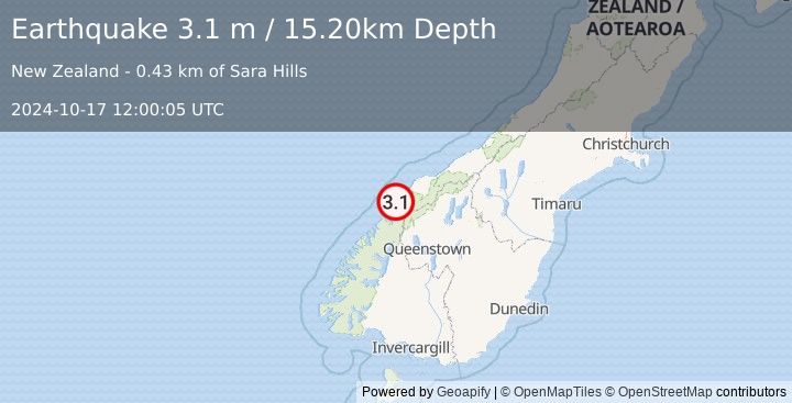 Earthquake SOUTH ISLAND OF NEW ZEALAND (3.1 m) (2024-10-17 12:00:05 UTC)