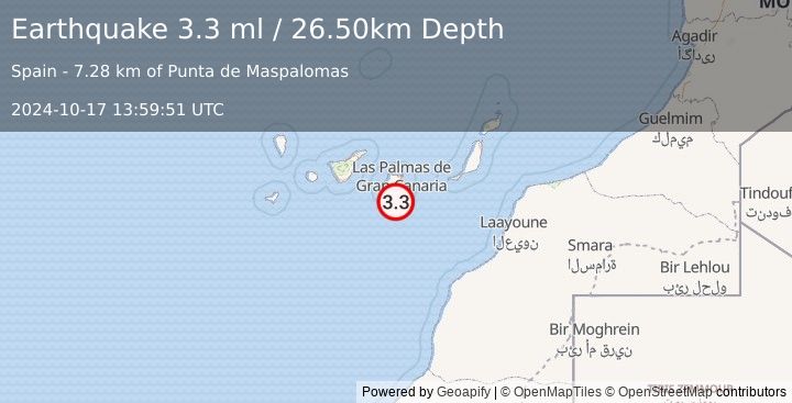 Earthquake CANARY ISLANDS, SPAIN REGION (3.3 ml) (2024-10-17 13:59:51 UTC)