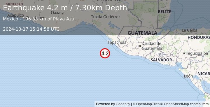 Earthquake OFF COAST OF CHIAPAS, MEXICO (4.2 m) (2024-10-17 15:14:58 UTC)