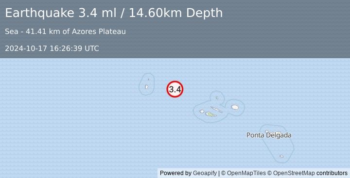 Earthquake AZORES ISLANDS, PORTUGAL (3.4 ml) (2024-10-17 16:26:39 UTC)