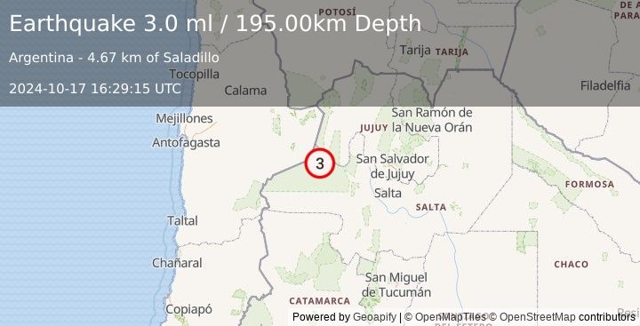 Earthquake SALTA, ARGENTINA (3.0 ml) (2024-10-17 16:29:15 UTC)