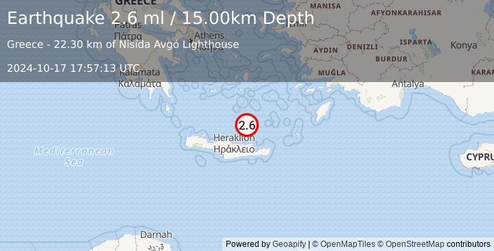 Earthquake CRETE, GREECE (2.6 ml) (2024-10-17 17:57:13 UTC)